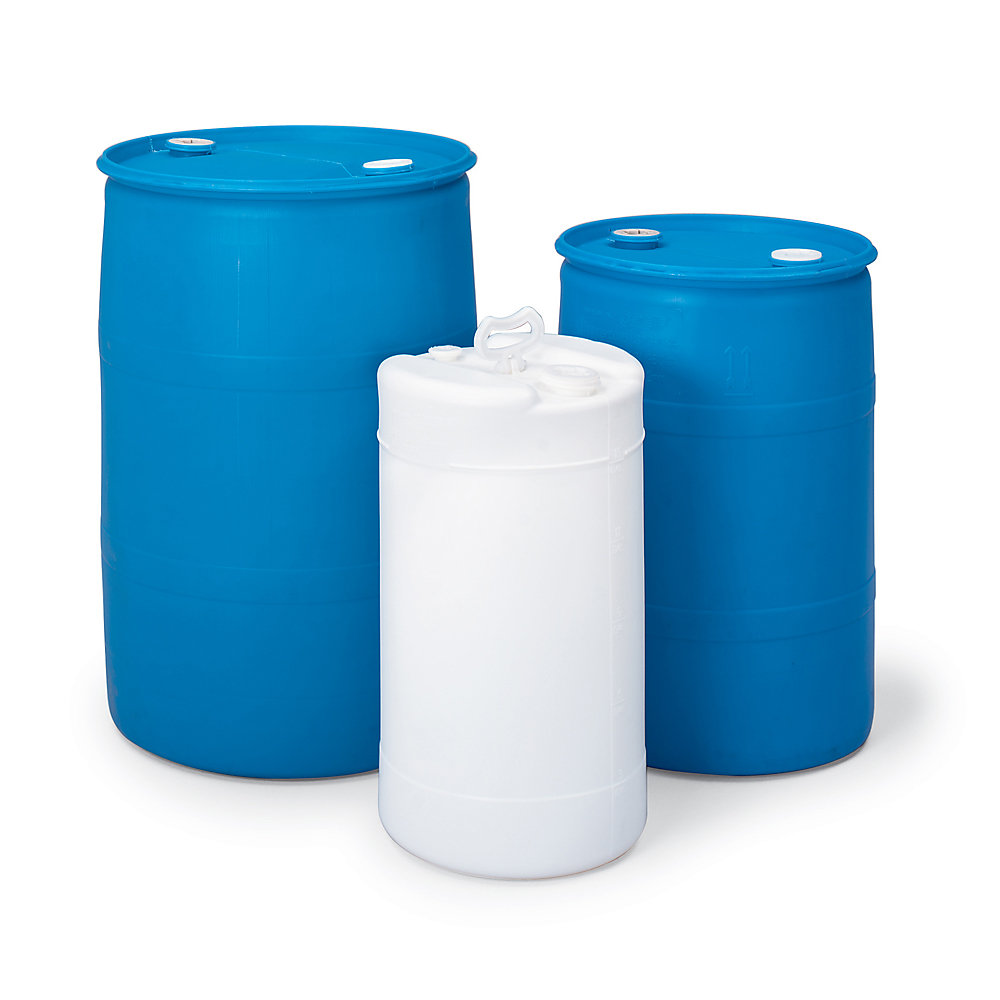 30 Gallon New Open Head Plastic Drum, available in natural, blue and black.
